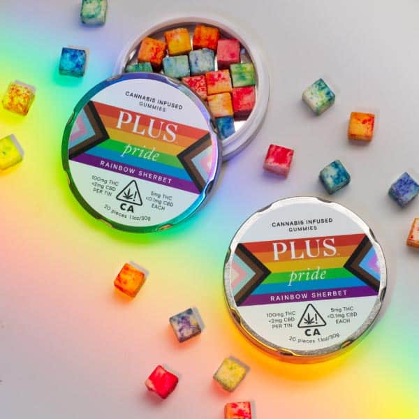 Tin of rainbow gummies from PLUS