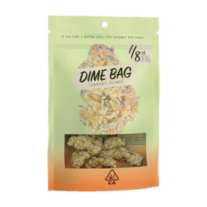 A resealable pouch labeled "Dime Bag Cannabis Flower" with cannabis buds visible inside. The package displays weight, branding, and a California compliance symbol. Dime-Bag-Flower.png