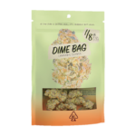 A resealable package labeled "Dime Bag Cannabis Flower" containing cannabis buds, with California state compliance symbols visible at the bottom. Dime-Bag-Flower-1png