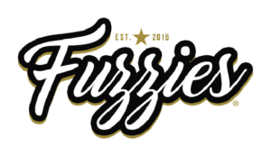 Fuzzies logo in white cursive text with gold outline and a star, alongside 'EST. 2016' above the word. Fuzzies-Logopng