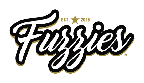 Fuzzies logo in white cursive text with gold outline and a star, alongside 'EST. 2016' above the word. Fuzzies-Logopng