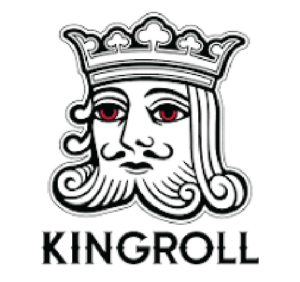 Black and white illustration of a crowned king's face with red eyes above the word "KINGROLL" in bold, uppercase letters. King-Roll-png