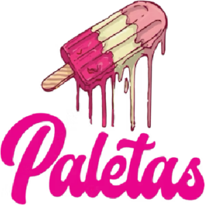 Illustration of a melting pink and cream popsicle above the word "Paletas" written in bold, pink script font. Paletaspng