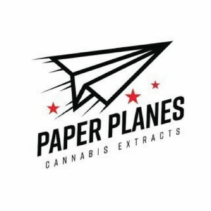 A black paper airplane graphic with three red stars and the text "Paper Planes Cannabis Extracts" underneath. Paper-Planes-Logopng