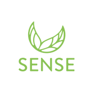 Green outlined logo with two stylized leaves forming a semicircle above the word "SENSE" in uppercase, all on a white background. Sensepng
