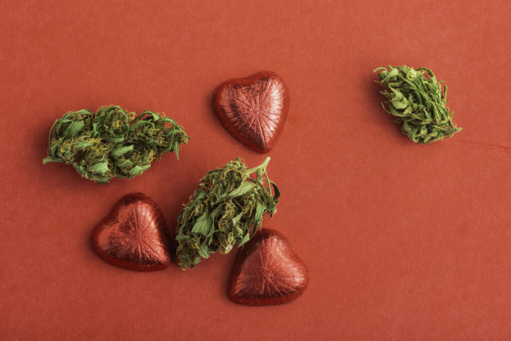 Cannabis infused chocolate hearts wrapped in foil for valentines day