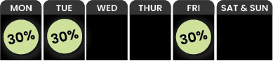 A weekly schedule showing 30% on Monday, Tuesday, and Friday, with no percentages listed for Wednesday, Thursday, Saturday, or Sunday. 30-Off-Monday-Tuesday-Friday-e1744306880887png