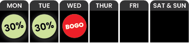 Weekly deal chart: Monday and Tuesday have 30% off indicated by green circles; Wednesday has a red circle with "BOGO"; Thursday to Sunday show no offers. BOGO-Wednesday-30-Off-Monday-and-Tuesday-e1744308901252png