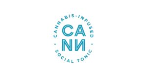 Blue text logo features "CAN" stacked above its mirror image, surrounded by the words "Cannabis-Infused Social Tonic" in a circular arrangement on a white background. Cann_Logojpg