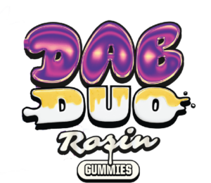 The image features the text "Dab Duo Rosin Gummies" in bold, stylized fonts with purple and yellow coloring and a dripping effect on the word "DUO. DebDuo_Logopng