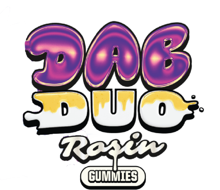 The image features the text "Dab Duo Rosin Gummies" in bold, stylized fonts with purple and yellow coloring and a dripping effect on the word "DUO. DebDuo_Logopng