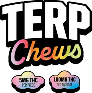 The image displays "TERP Chews" in large text, with "5MG THC per piece" and "100MG THC per package" written below on a black background. Terp-Chewswebp