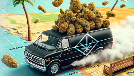 UL-Delivery-Pop-Up-1-e1717698791357jpg - Harborside A black van with a cannabis symbol drives on a map with a large pile of cannabis buds on its roof, leaving smoke behind; palm trees and a bench are nearby. UL-Delivery-Pop-Up-1-e1717698791357jpg