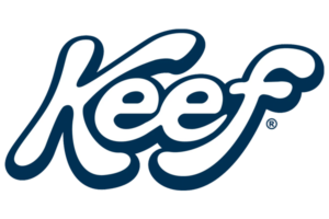 The word "Keef" is written in a bold, stylized cursive font with a blue outline and white fill. keef-logopng