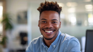  A photo of a smiling average customer service man smiling to the camera in an clean office environment