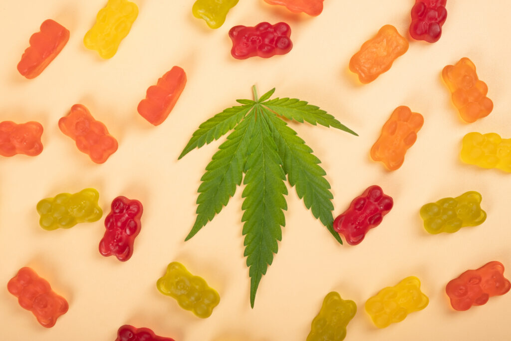 cannabis jelly candies marijuana multicolored sweets drugs and green leaf on yellow background